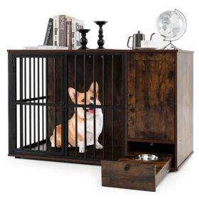 Coffee 2-in-1 Dog Crate End Table with Pull-Out Feeder, Chew-Resistant Metal Tube Pet Furniture for Small & Medium Dogs (Option: Defaulttitle)
